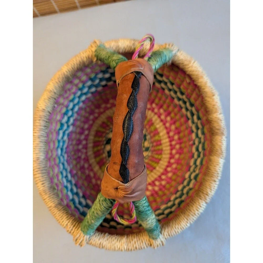 Authentic Ghanaian Bolga Basket Handwoven Small 10” Market Tote Leather Handle